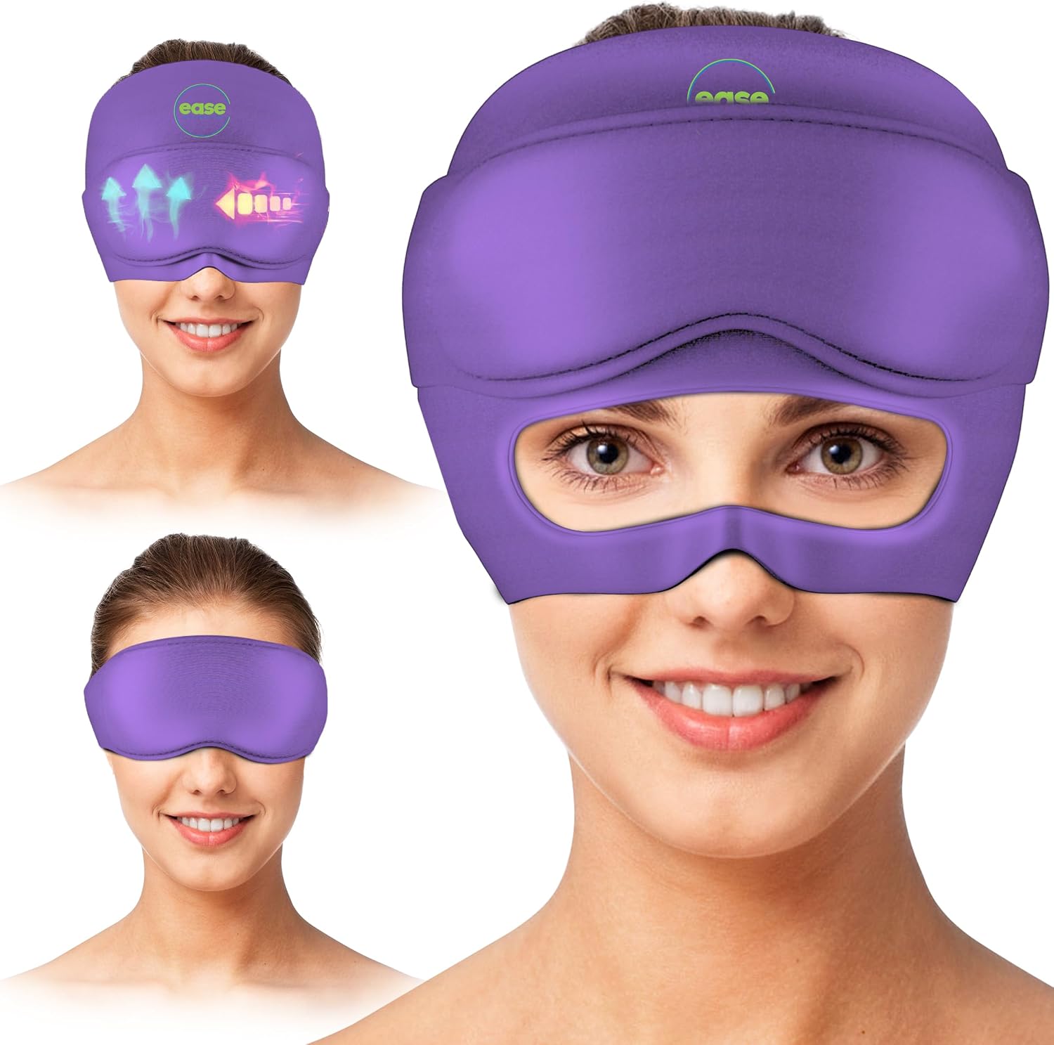 A migraine relief cap being used for cold therapy